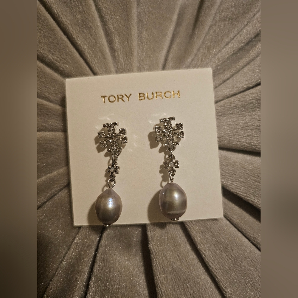 Tory Burch Silver Crystal Logo Drop Earrings with Gray Fresh Water Pearl Drops